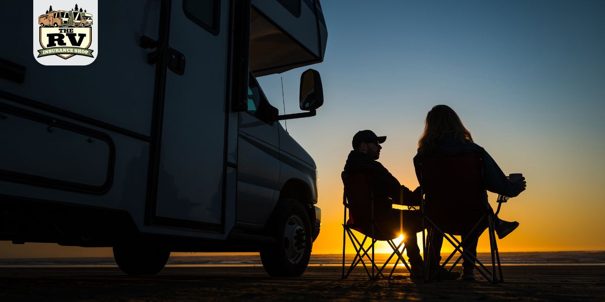 Full time RVers sitting outside of their RV discussing their insurance needs