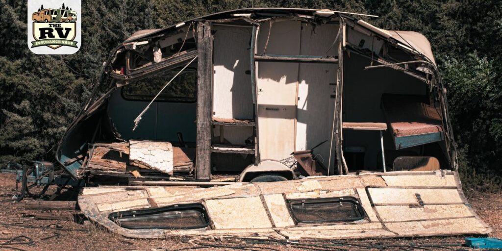 a damaged travel trailer belonging to someone who's wondering how to file an RV insurance claim