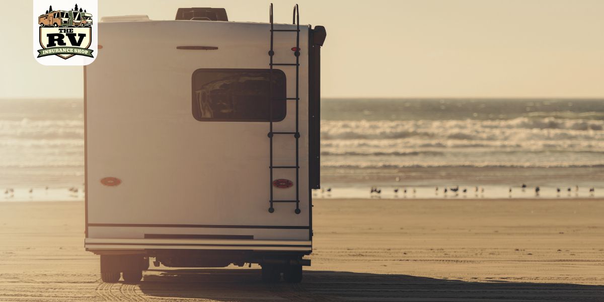 An RV parked on the beach